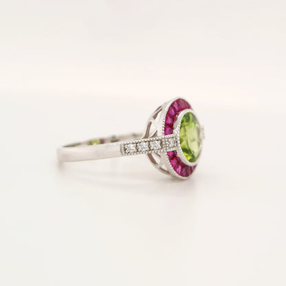 Peridot ruby diamond halo cocktail ring in white gold