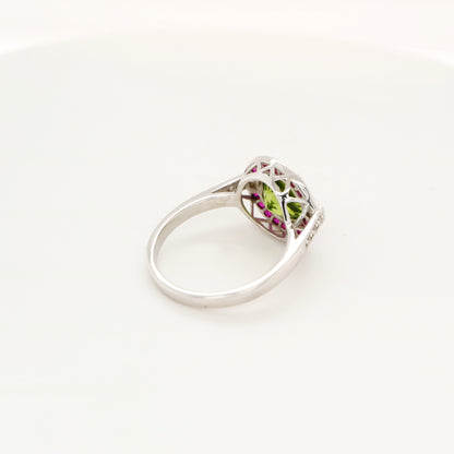 Peridot ruby diamond halo cocktail ring in white gold