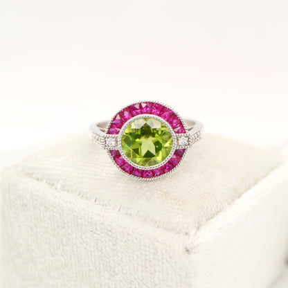Peridot ruby diamond halo cocktail ring in white gold