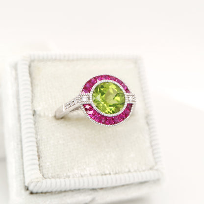 Peridot ruby diamond halo cocktail ring in white gold