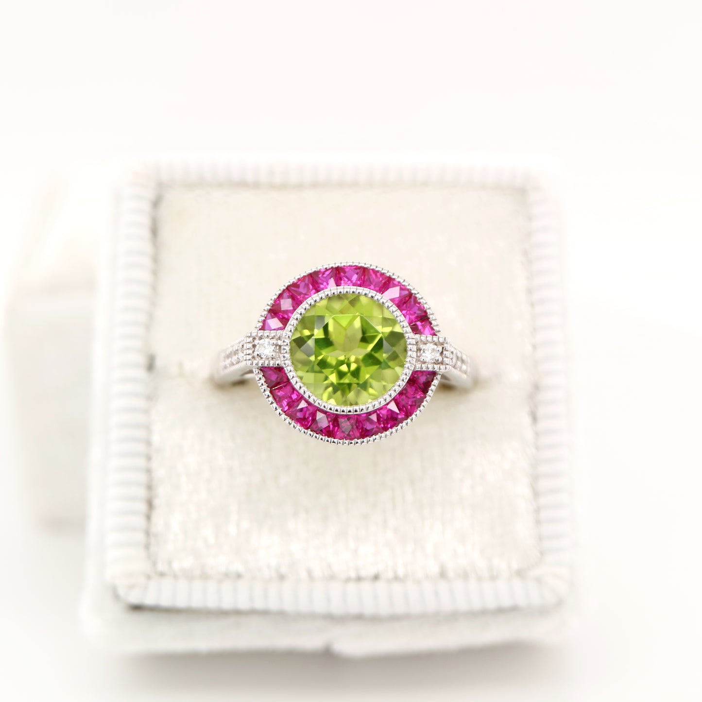Peridot ruby diamond halo cocktail ring in white gold