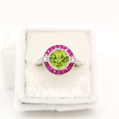 Peridot ruby diamond halo cocktail ring in white gold