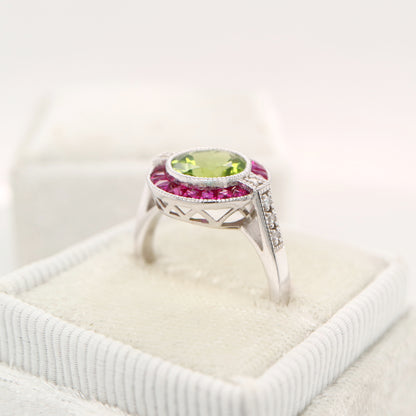 Peridot ruby diamond halo cocktail ring in white gold