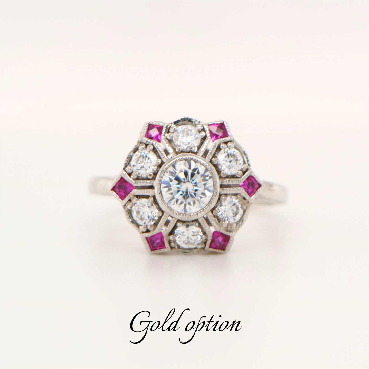Six petal ruby and diamond ring in white gold