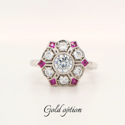 Six petal ruby and diamond ring in white gold
