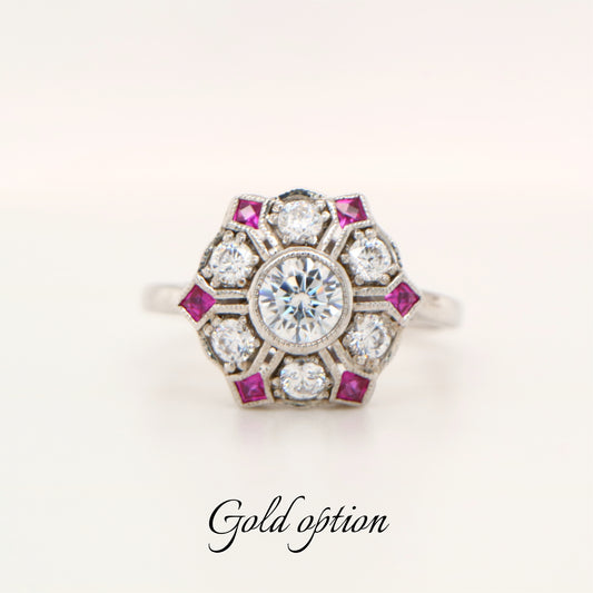 Six petal ruby and diamond ring in white gold