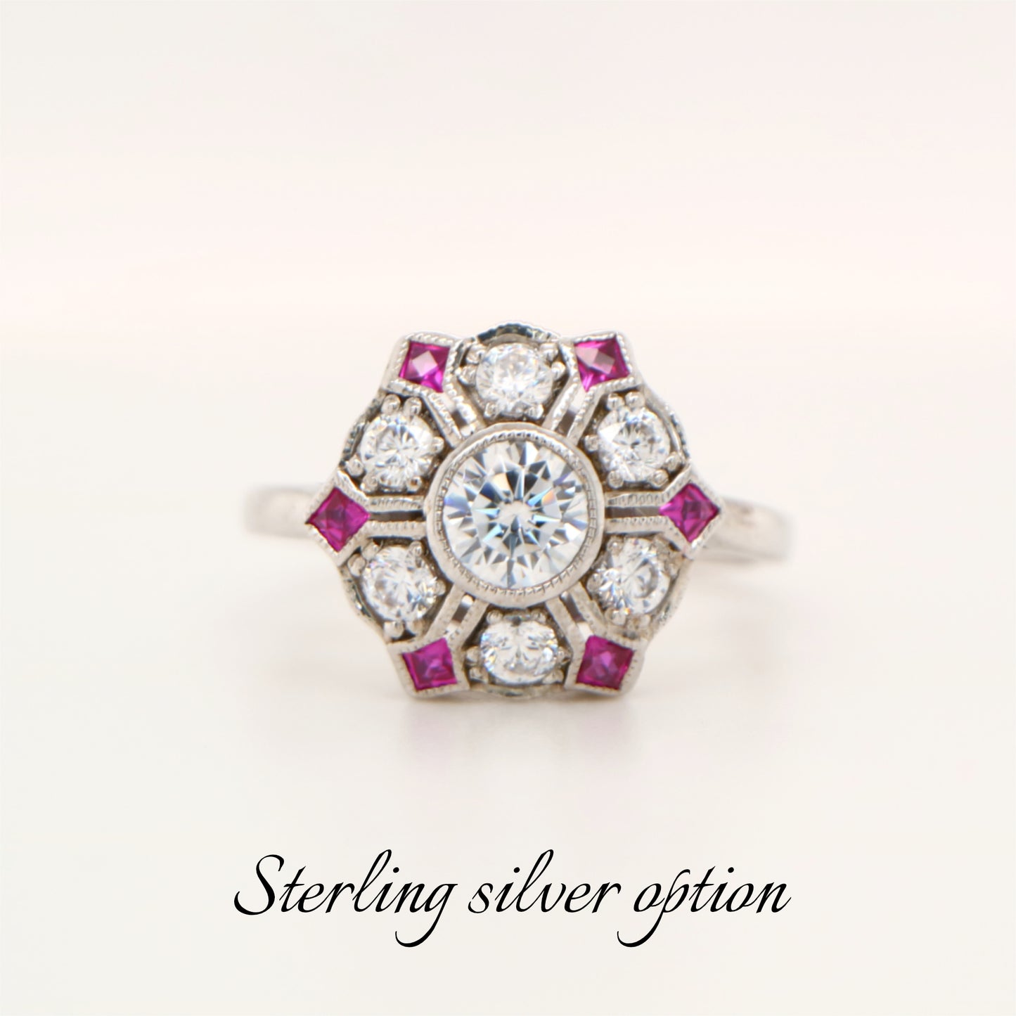 Six petal ruby and cz ring in silver