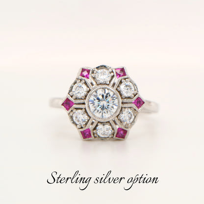 Six petal ruby and cz ring in silver