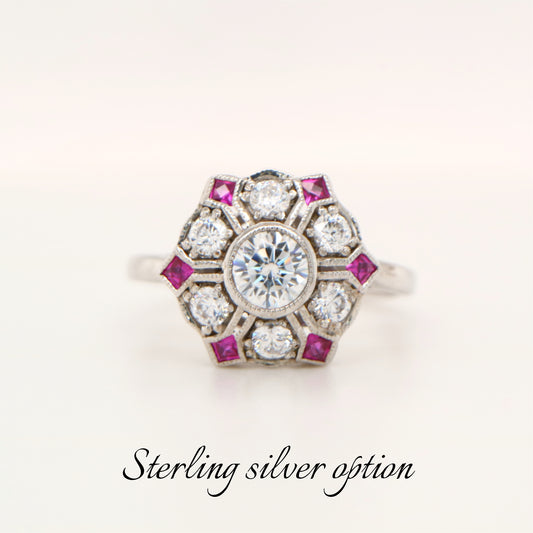 Six petal ruby and cz ring in silver