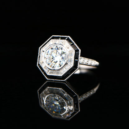 Moissanite target ring with moissanite and onyx halo in white gold