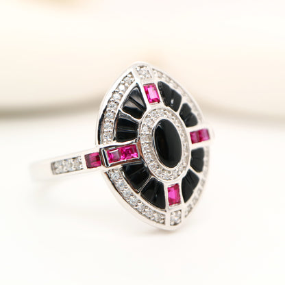 Onyx, ruby and diamond shield target ring in white gold