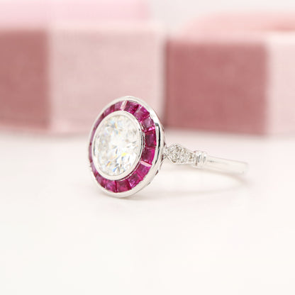 Moissanite with ruby halo ring in white gold