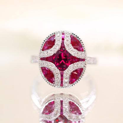 Art deco mystery set ring in white gold, ruby and diamond