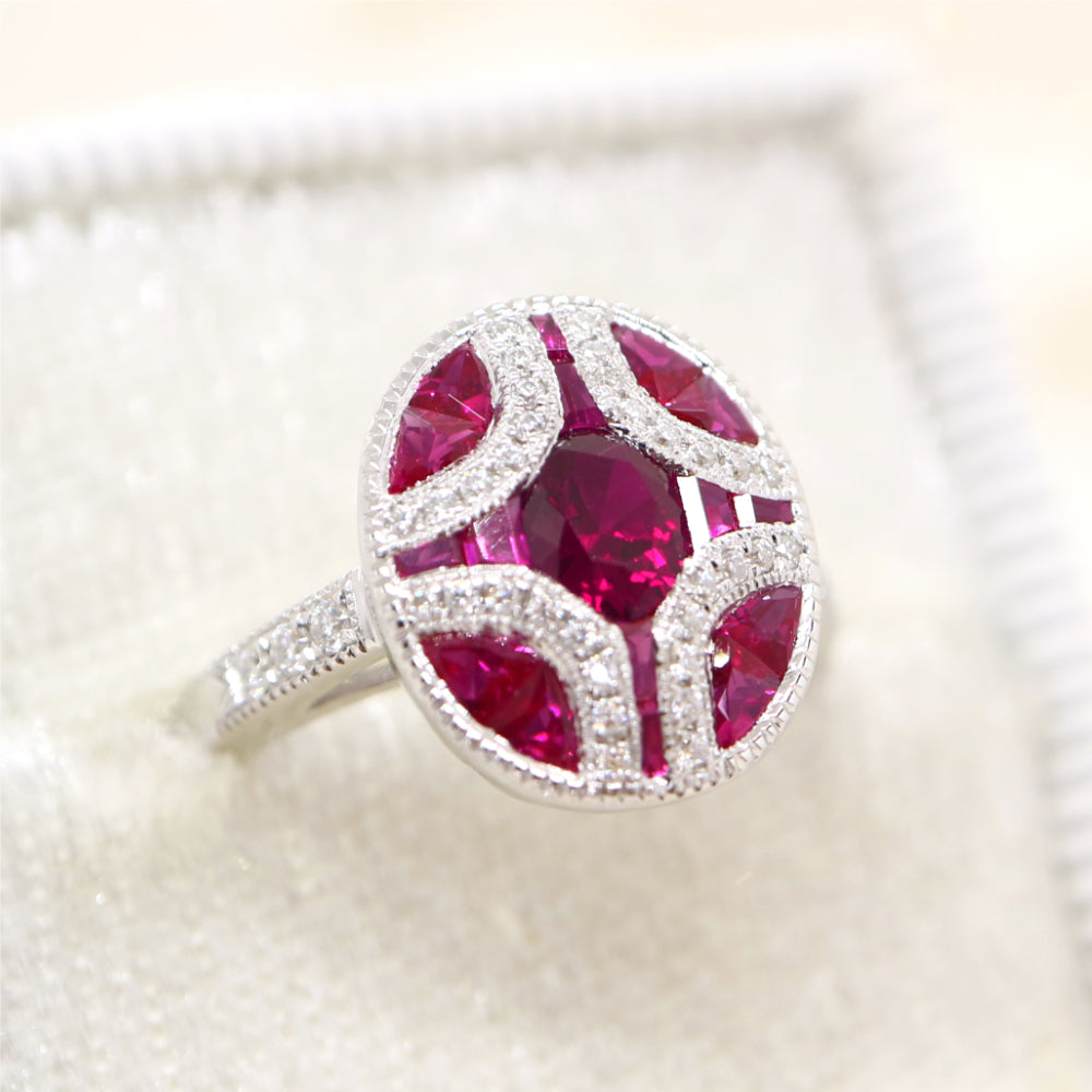 Art deco mystery set ring in white gold, ruby and diamond