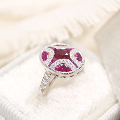Art deco mystery set ring in white gold, ruby and diamond