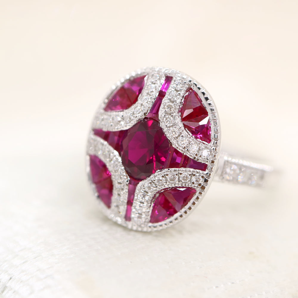 Art deco mystery set ring in white gold, ruby and diamond