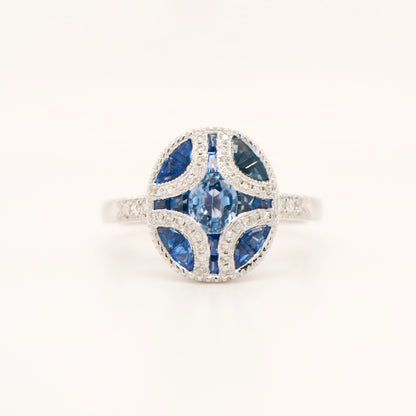 Art deco mystery set ring in white gold, sapphire and diamond