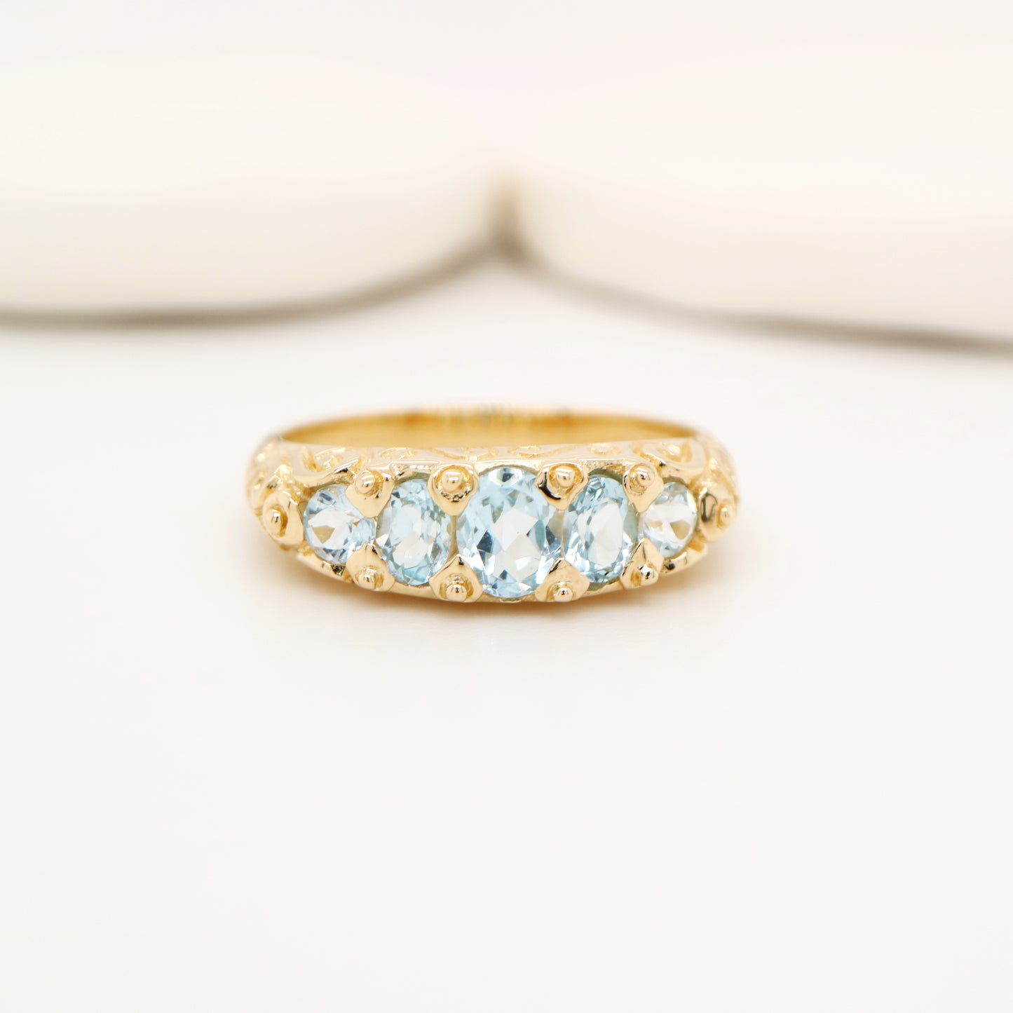Vintage cascading sky blue topaz ring in yellow gold