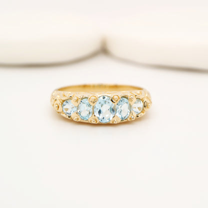 Vintage cascading sky blue topaz ring in yellow gold