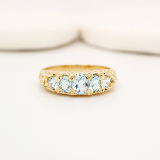Vintage cascading sky blue topaz ring in yellow gold