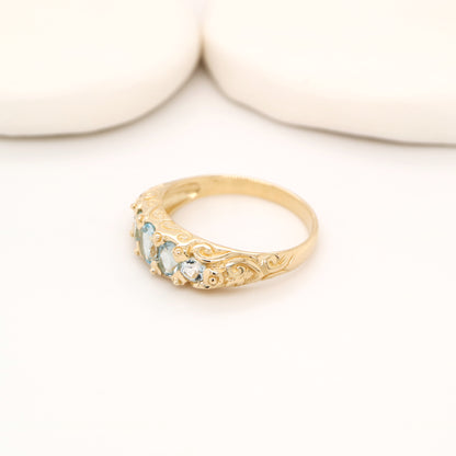 Vintage cascading sky blue topaz ring in yellow gold