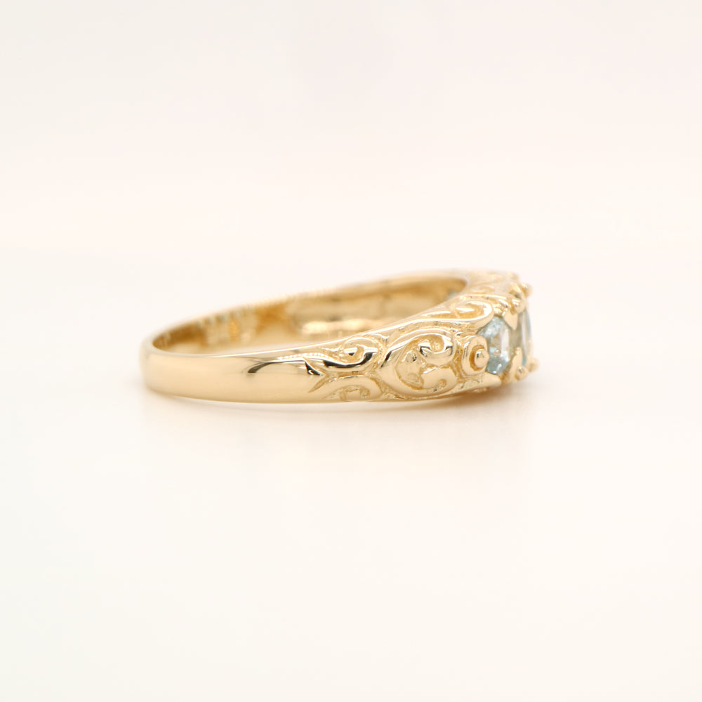 Vintage cascading sky blue topaz ring in yellow gold