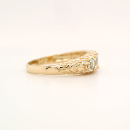 Vintage cascading sky blue topaz ring in yellow gold