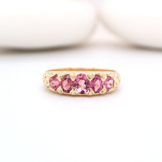 Vintage cascading pink tourmaline ring in yellow gold