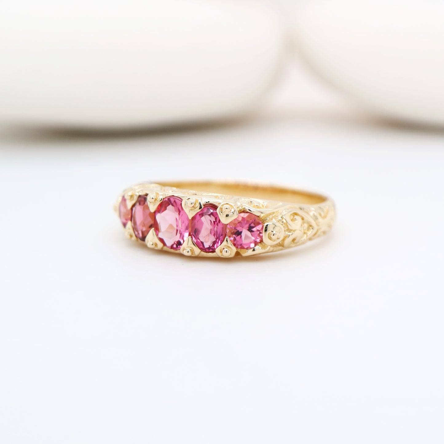 Vintage cascading pink tourmaline ring in yellow gold