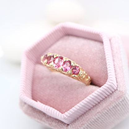 Vintage cascading pink tourmaline ring in yellow gold