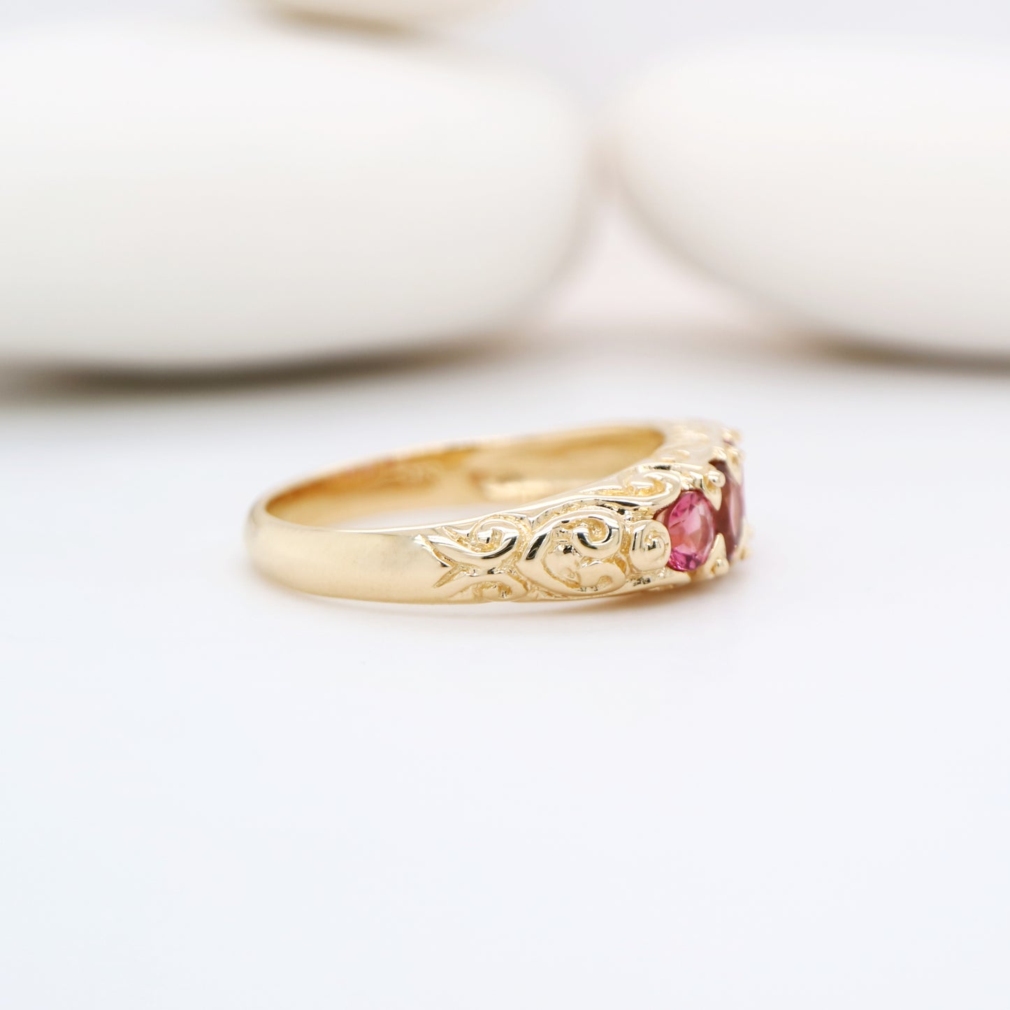 Vintage cascading pink tourmaline ring in yellow gold