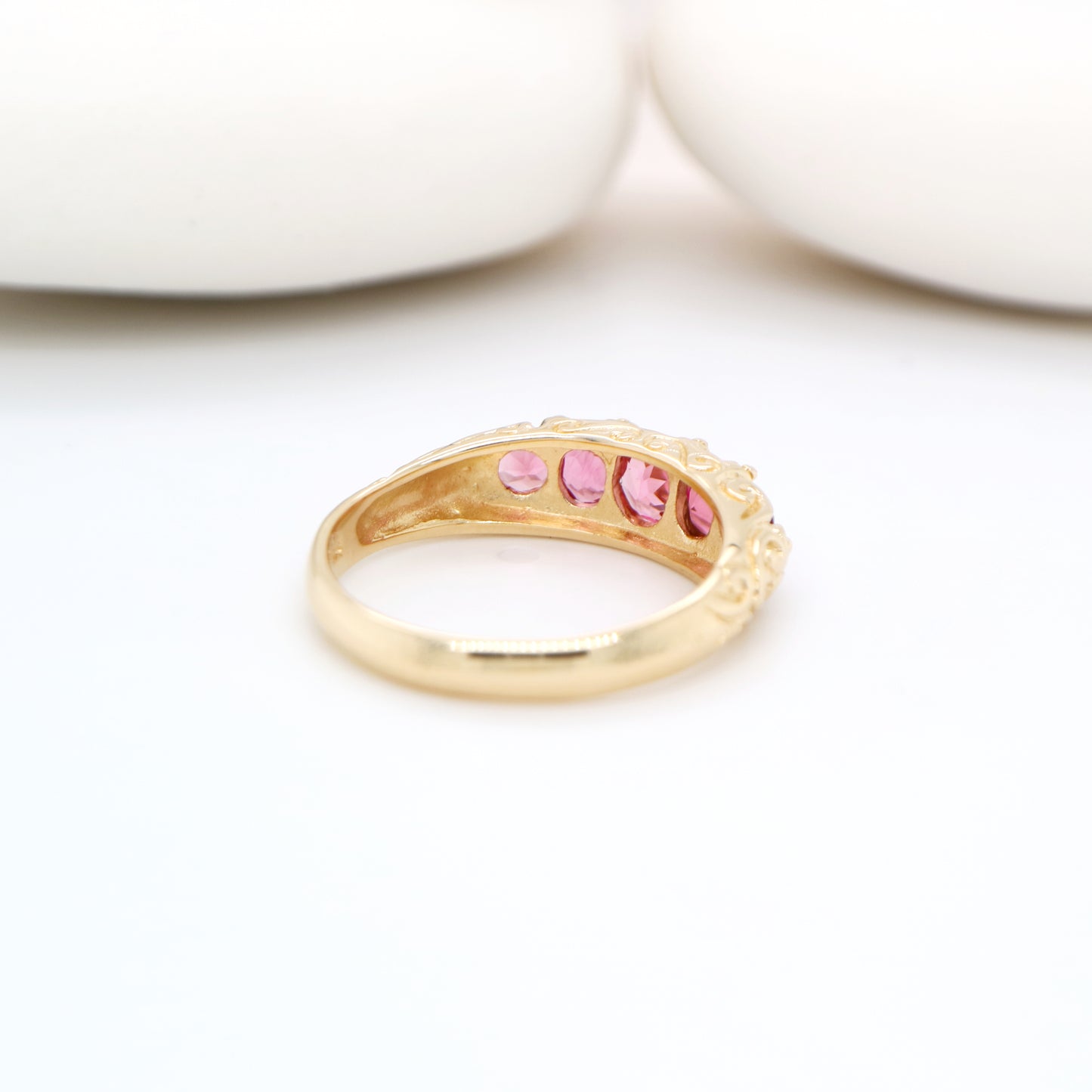 Vintage cascading pink tourmaline ring in yellow gold