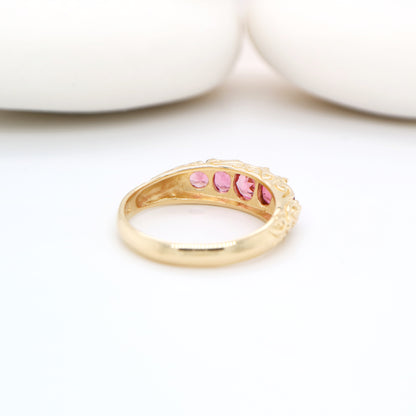 Vintage cascading pink tourmaline ring in yellow gold