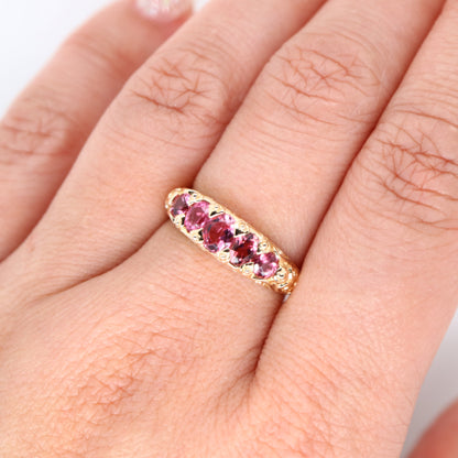 Vintage cascading pink tourmaline ring in yellow gold