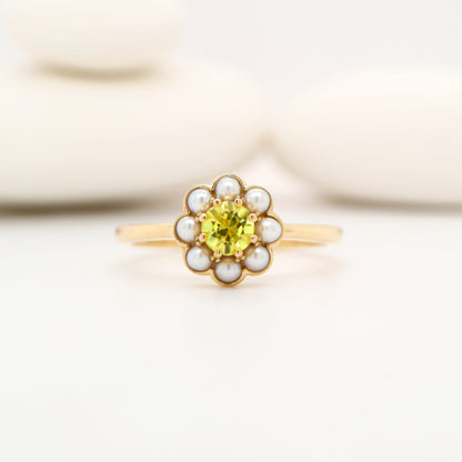 Yellow sapphire with pearl halo ring in 9k yellow gold