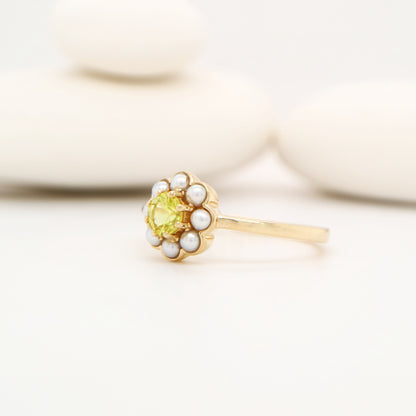 Yellow sapphire with pearl halo ring in 9k yellow gold