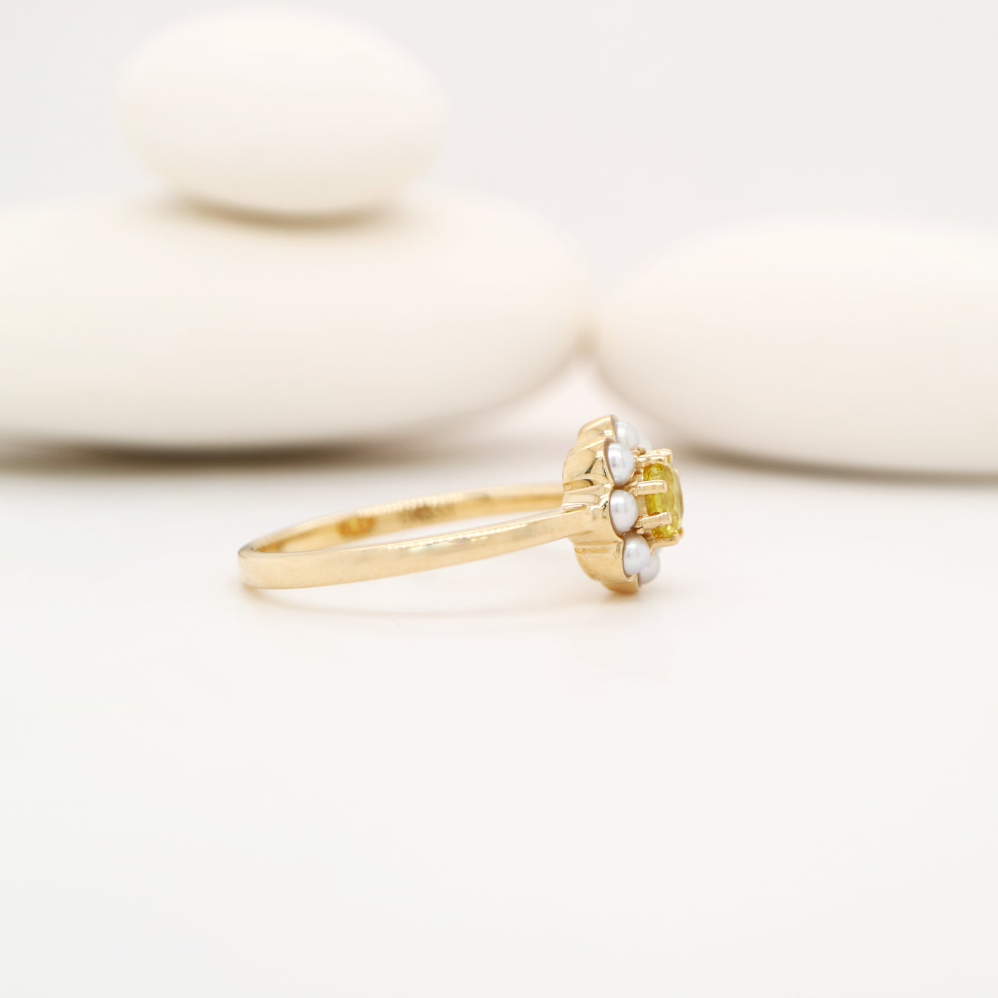Yellow sapphire with pearl halo ring in 9k yellow gold