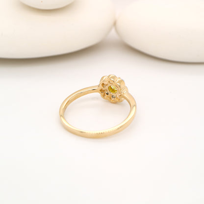 Yellow sapphire with pearl halo ring in 9k yellow gold