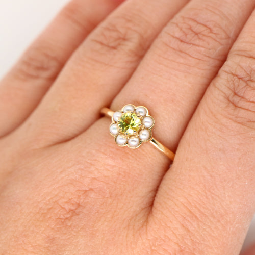 Yellow sapphire with pearl halo ring in 9k yellow gold