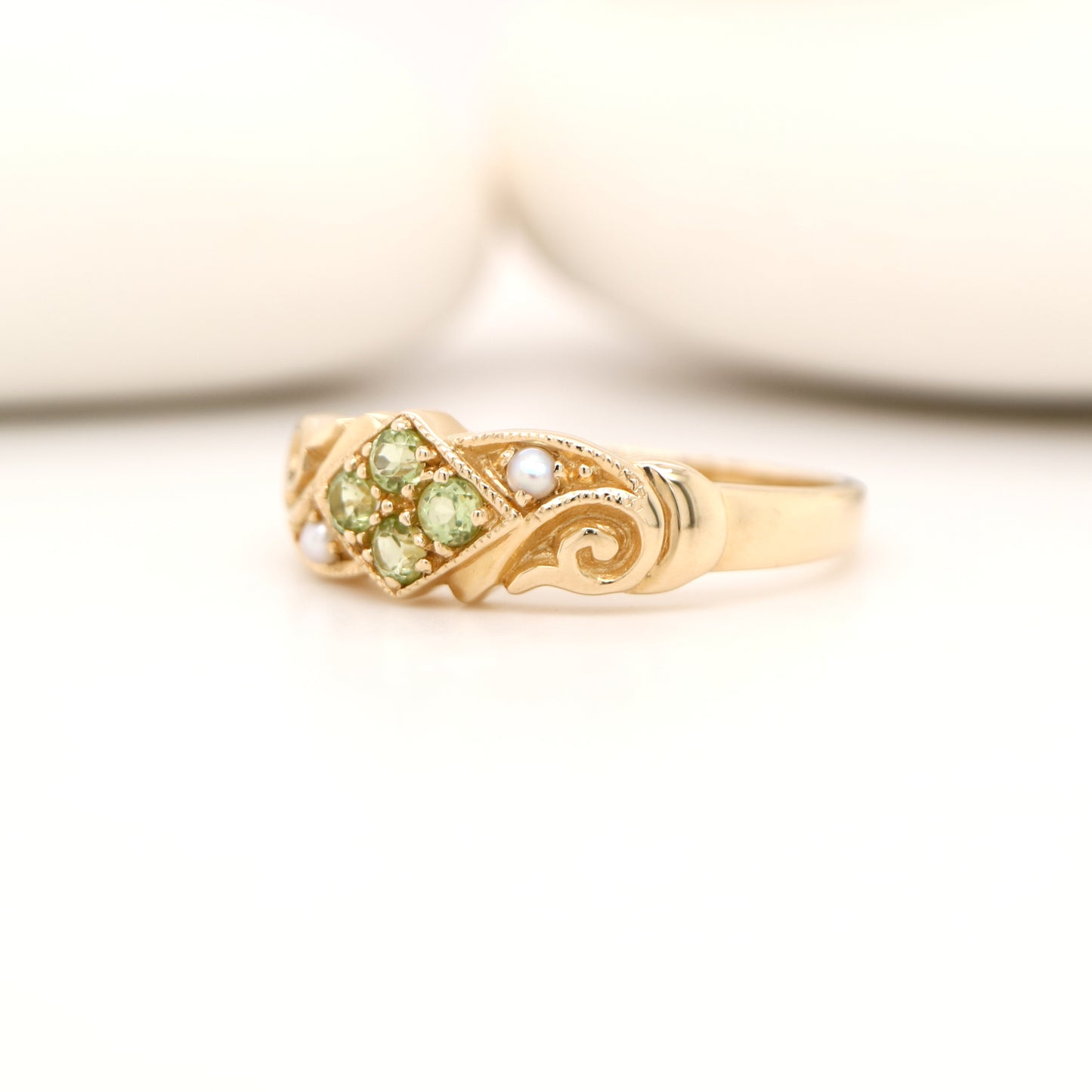 Gold, peridot and pearl cluster ring