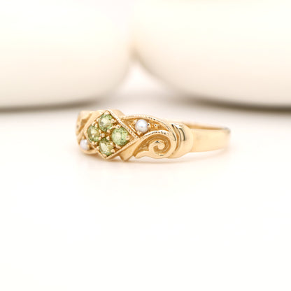 Gold, peridot and pearl cluster ring