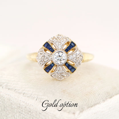 Art deco cross ring in yellow gold with sapphire and diamond
