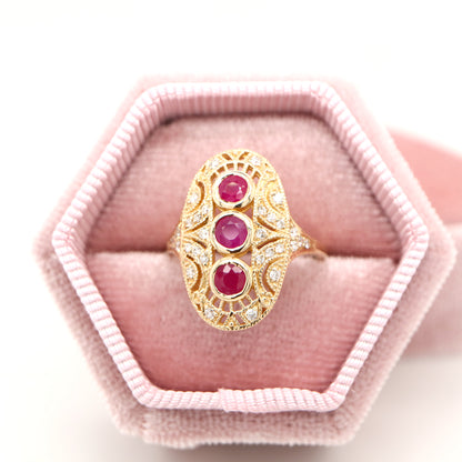 Ruby diamond three stone ring in 9ct yellow gold