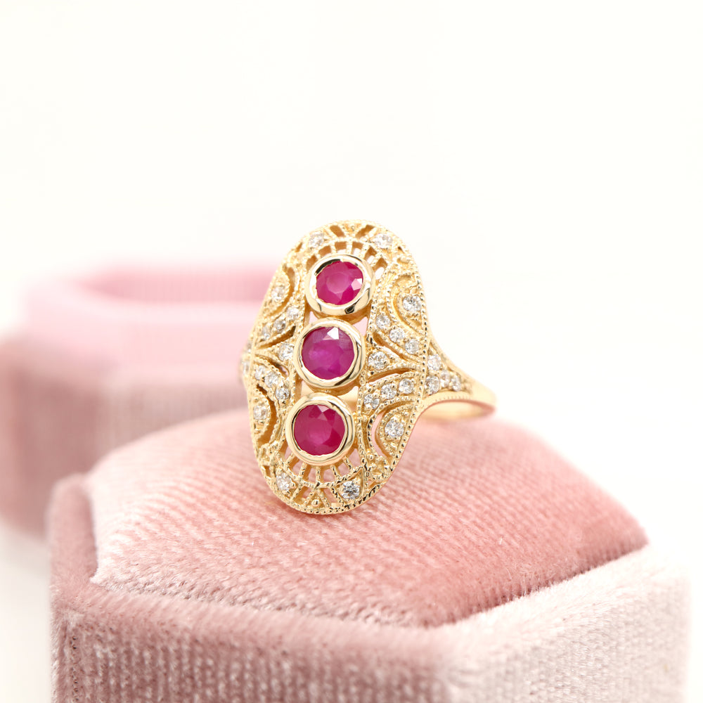 Ruby diamond three stone ring in 9ct yellow gold