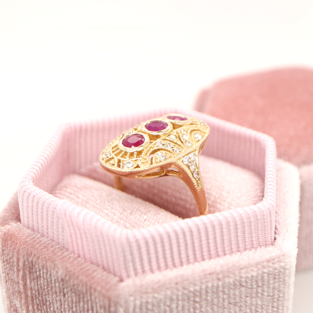 Ruby diamond three stone ring in 9ct yellow gold
