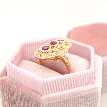 Ruby diamond three stone ring in 9ct yellow gold