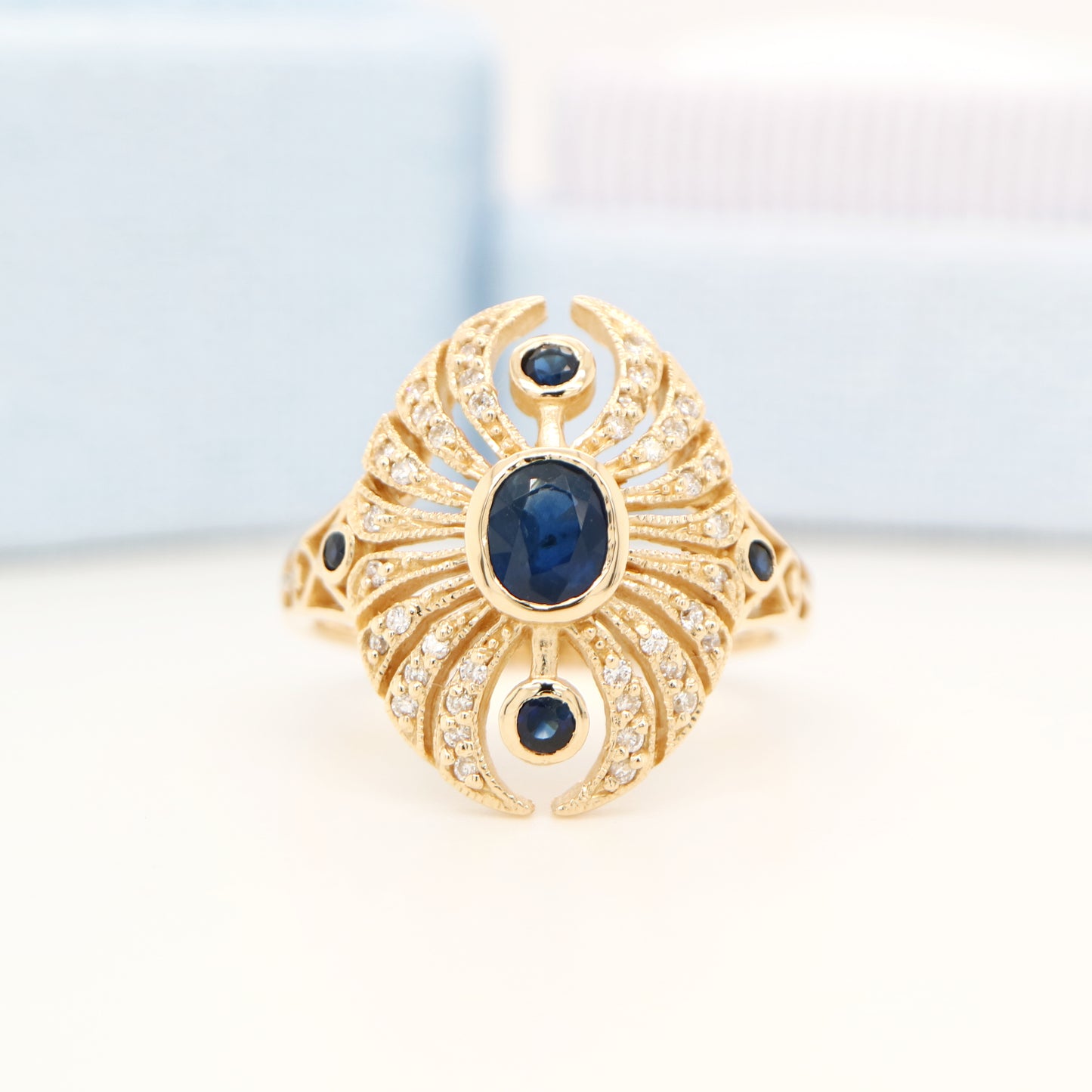 Scarab diamond and sapphire ring in yellow gold