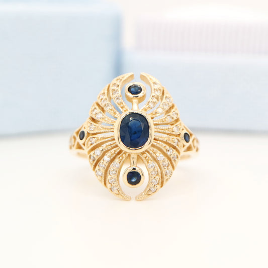 Scarab diamond and sapphire ring in yellow gold