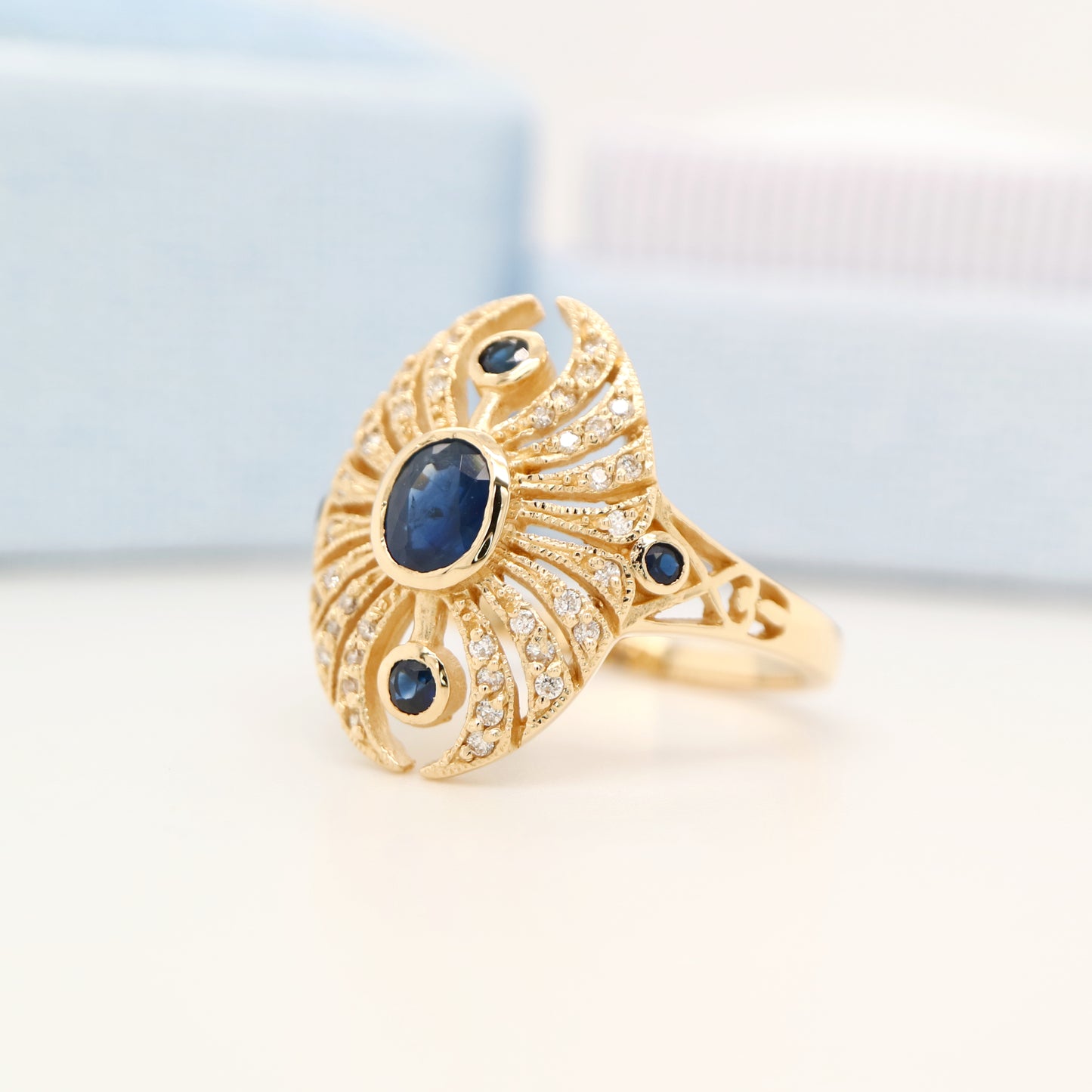Scarab diamond and sapphire ring in yellow gold