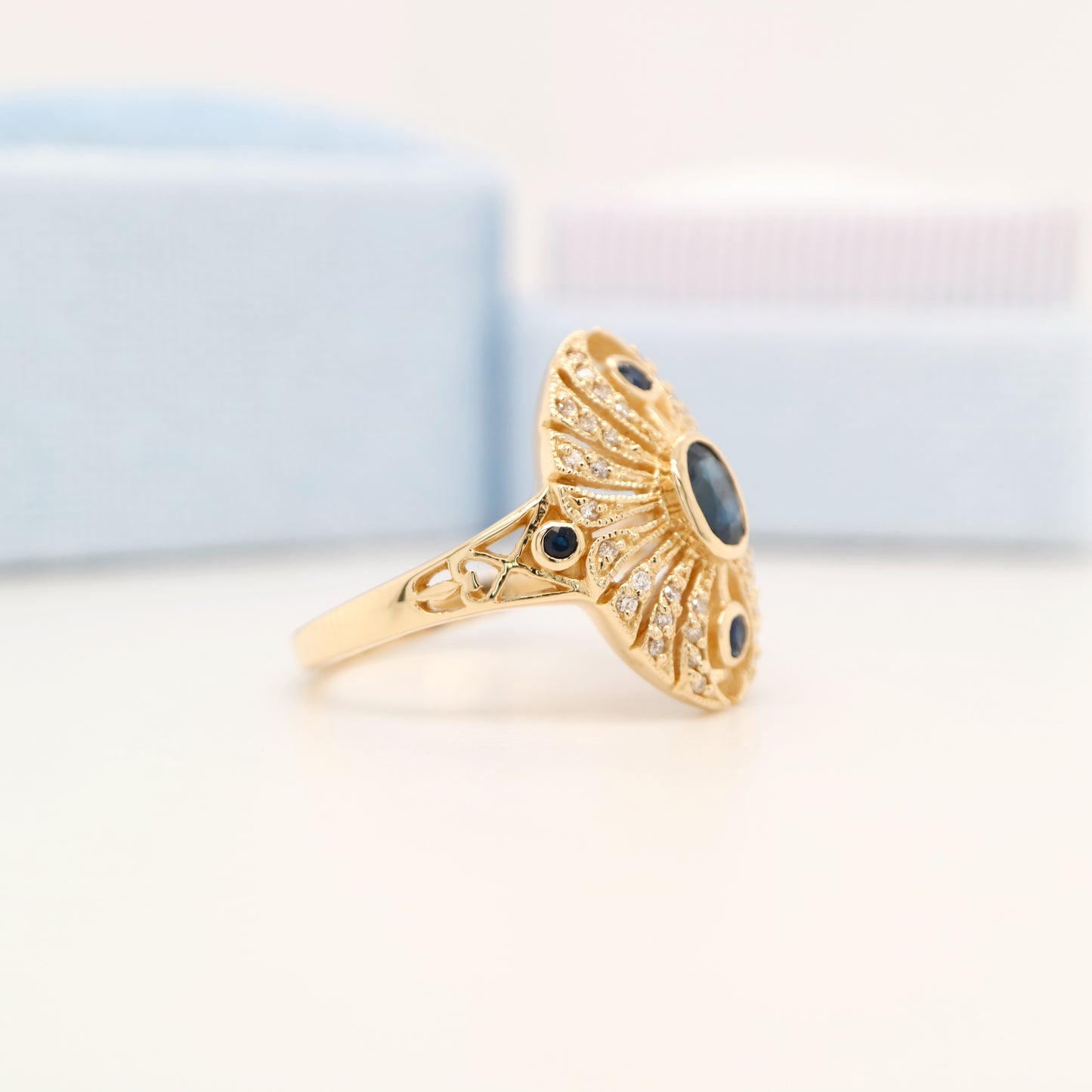 Scarab diamond and sapphire ring in yellow gold